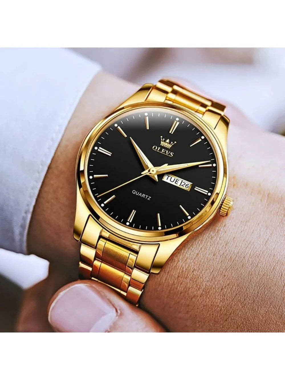 Men's Gold Black Analog Quartz Stainless Steel Luxury Luminous Waterproof Watch